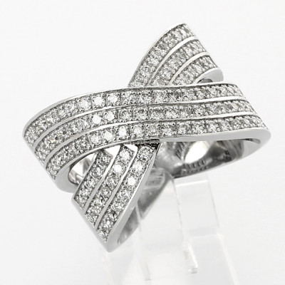 Bague or et diamants Entrelacs. Large et pavée de diamants en serti grain - or 18 carats