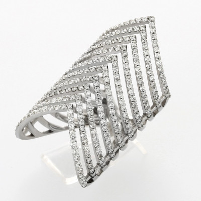 Bague or et diamants Plume. Modèle multi rangs pavés de diamants - or 18 carats