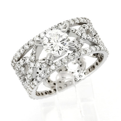 Solitaire or diamants Floriane. Modèle corps dentelle large pavée de diamants - or 18 carats