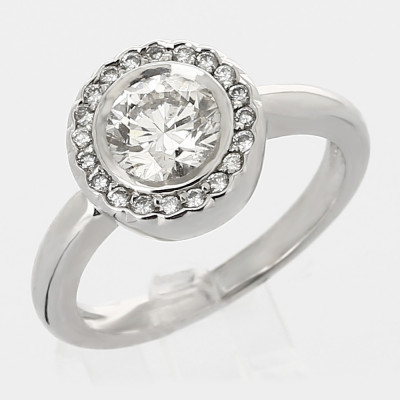 Solitaire or et diamants Melody. Diamant de 1,15 ct en serti clos et entourage - or 18 carats