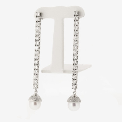 Boucles d'oreilles rivière de diamants et perle de culture - or 18 carats