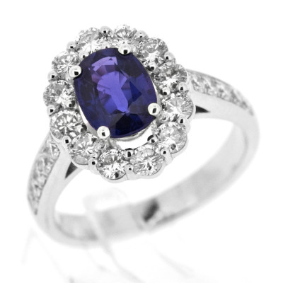 Bague or, saphir et diamants Lisbeth. Modèle marguerite avec un Saphir ovale de 1,33 ct et entourage diamants - or 18 carats