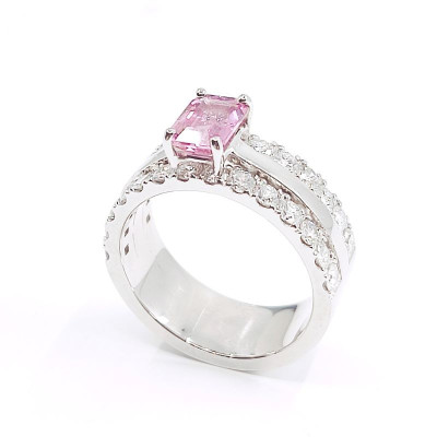 Bague or et diamants Mira SR. Corps ruban large 2 rangées de diamant et saphir rose RPC - or 18 carats