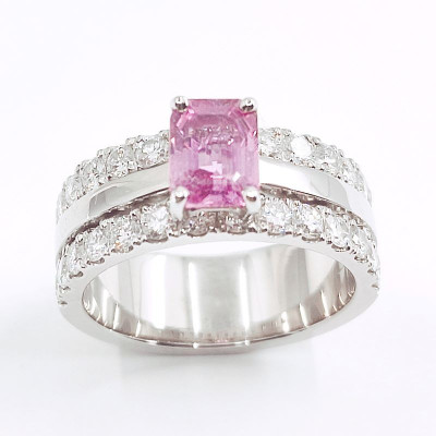 Bague or et diamants Mira SR. Corps ruban large 2 rangées de diamant et saphir rose RPC - or 18 carats