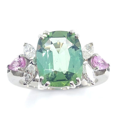 Bague or, diamants, tourmaline verte et saphirs roses Comtesse - or 18 carats