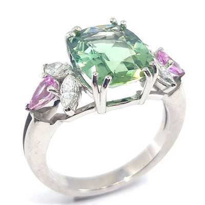 Bague or, diamants, tourmaline verte et saphirs roses Comtesse - or 18 carats