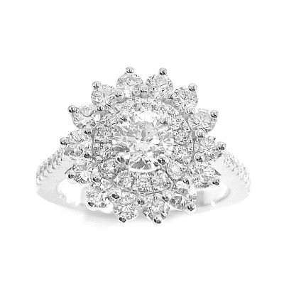 Bague or et diamant Soleil. Double entourage de diamants - or 18 carats.