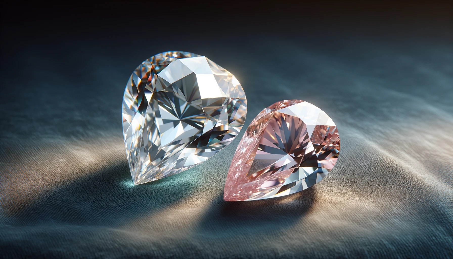 Deux diamants en forme de cœur, l’un clair et l’autre rosé, posés sur un tissu sombre, reflétant la lumière.