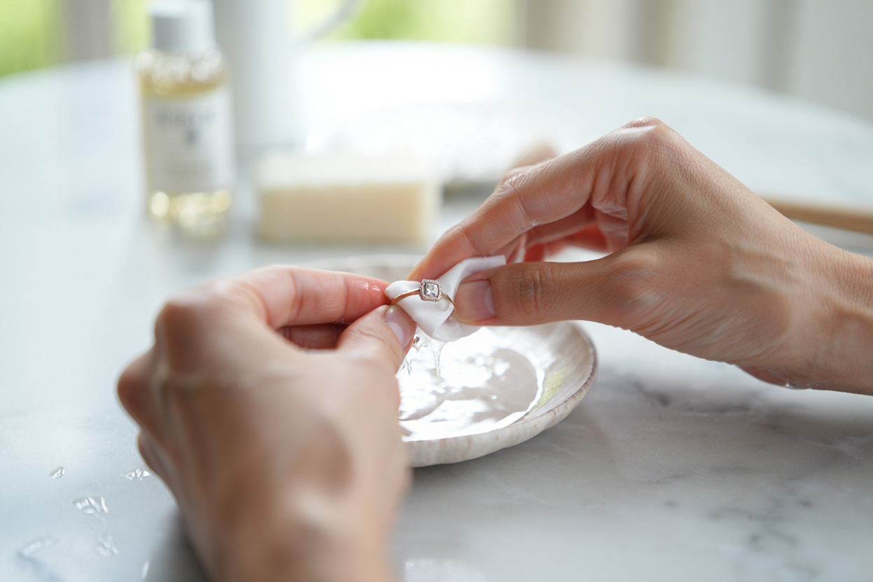 Nettoyage d'une bague en or blanc avec soin