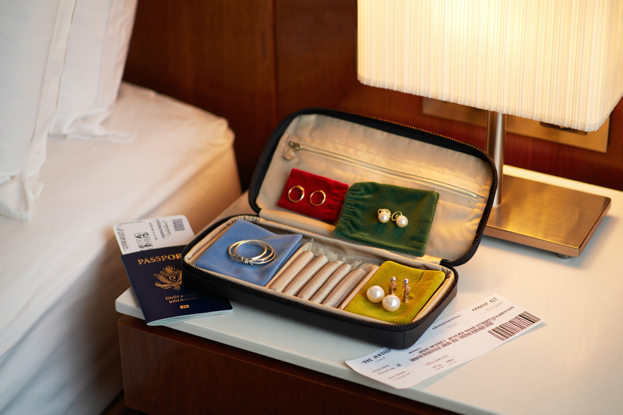 Étui de voyage rigide pour bijoux avec compartiments zippés