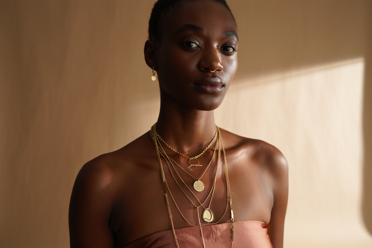 Femme au visage ovale portant plusieurs colliers superposés